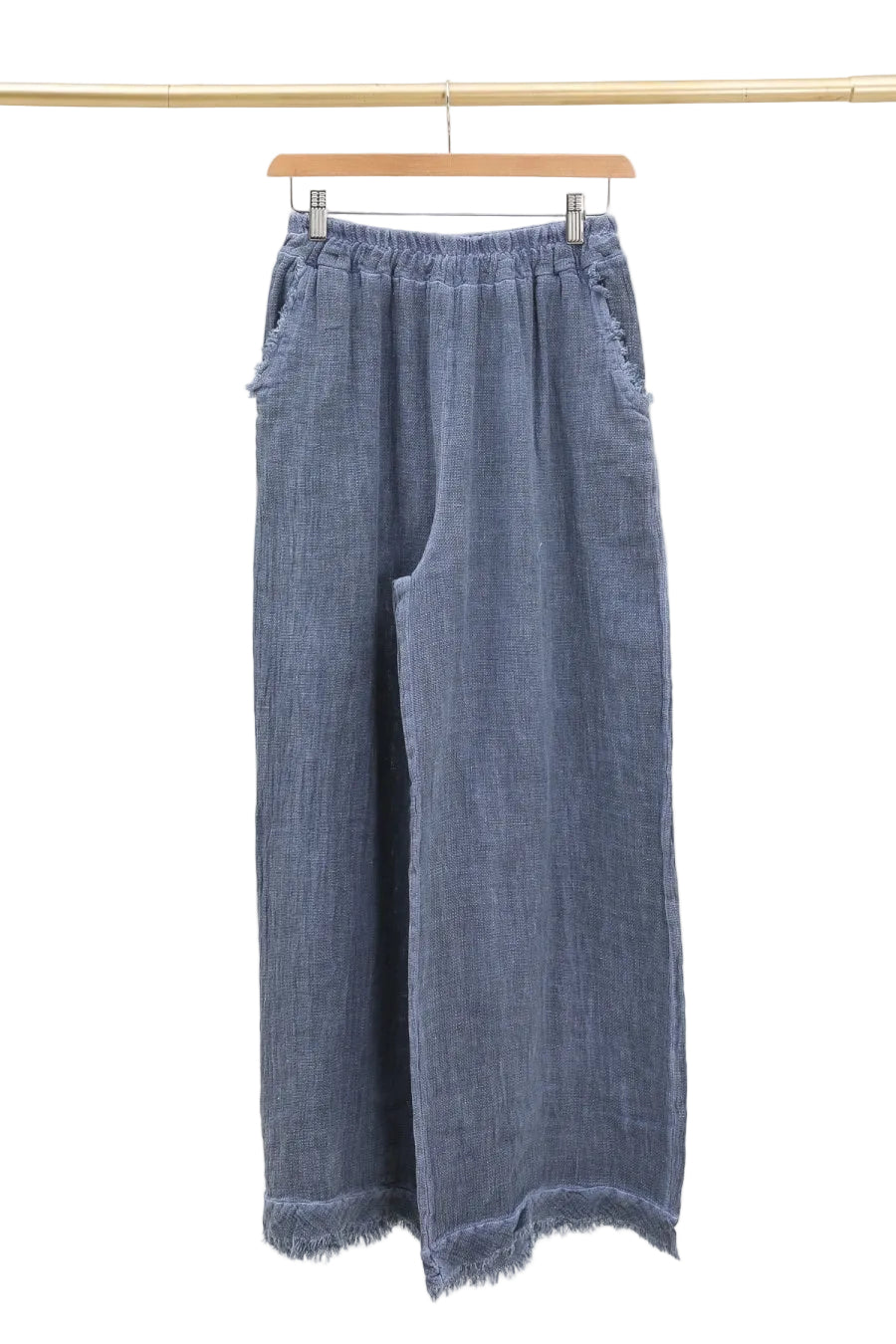 Blue denim wide-leg pants on a hanger against a white background
