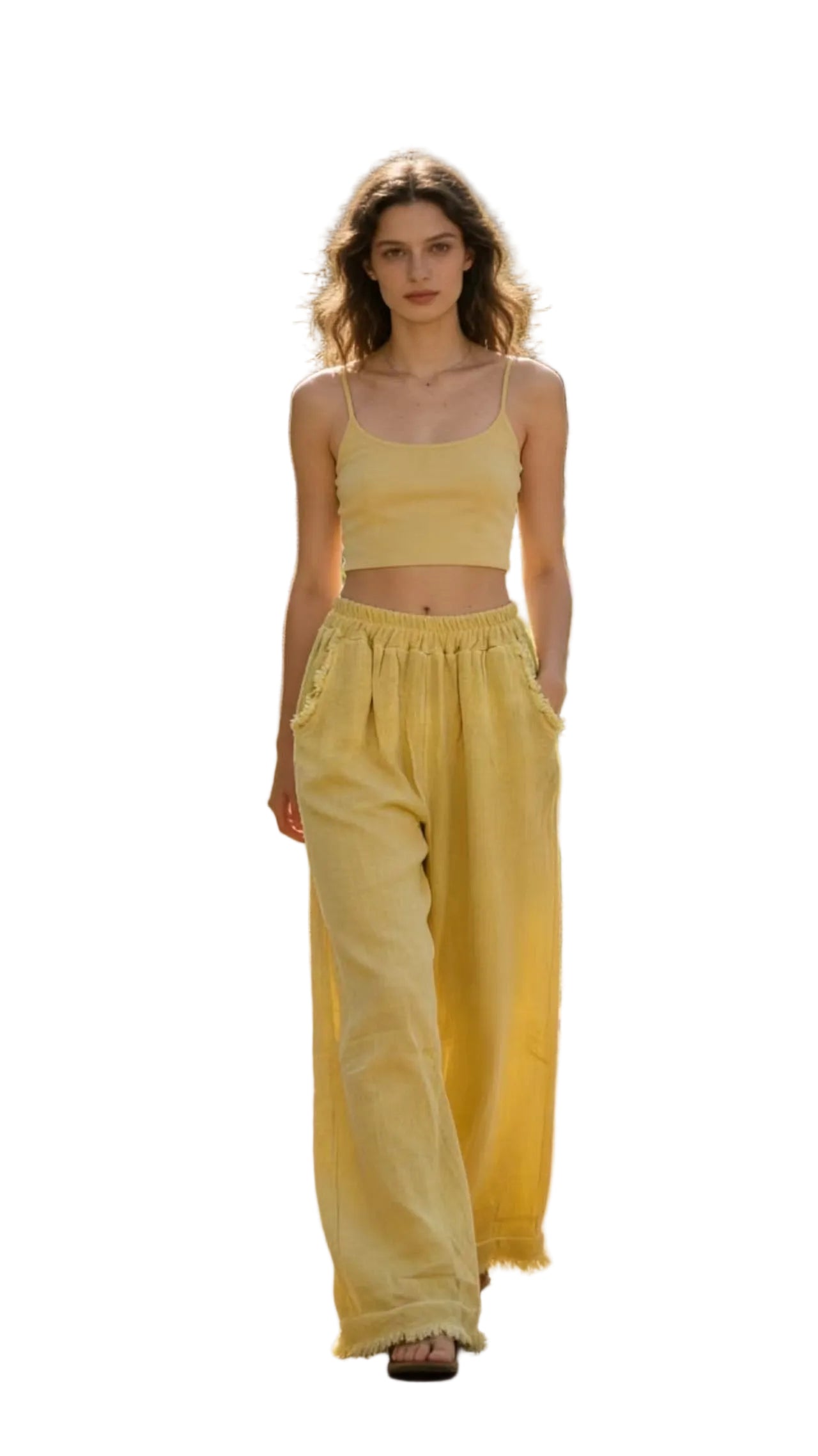 Woman in a yellow outfit with a white background