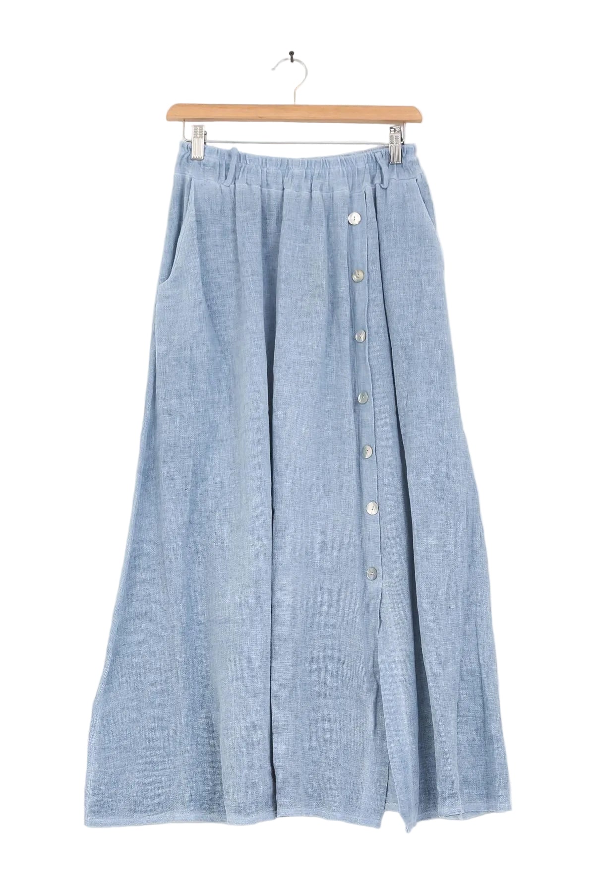 Blue denim skirt on a hanger against a white background