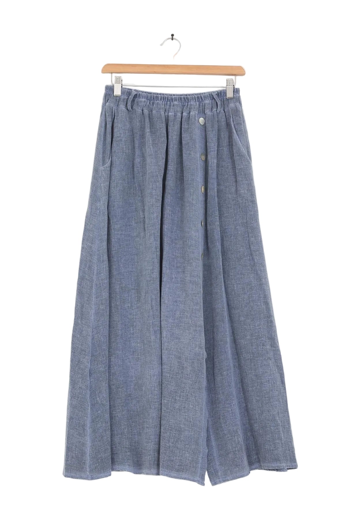 Navy blue skirt on a wooden hanger against a white background