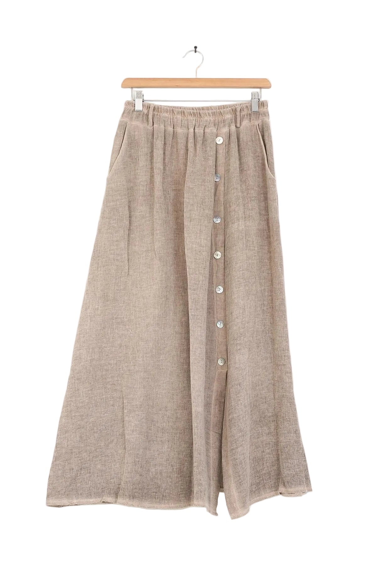 Beige skirt with button details on a hanger against a white background
