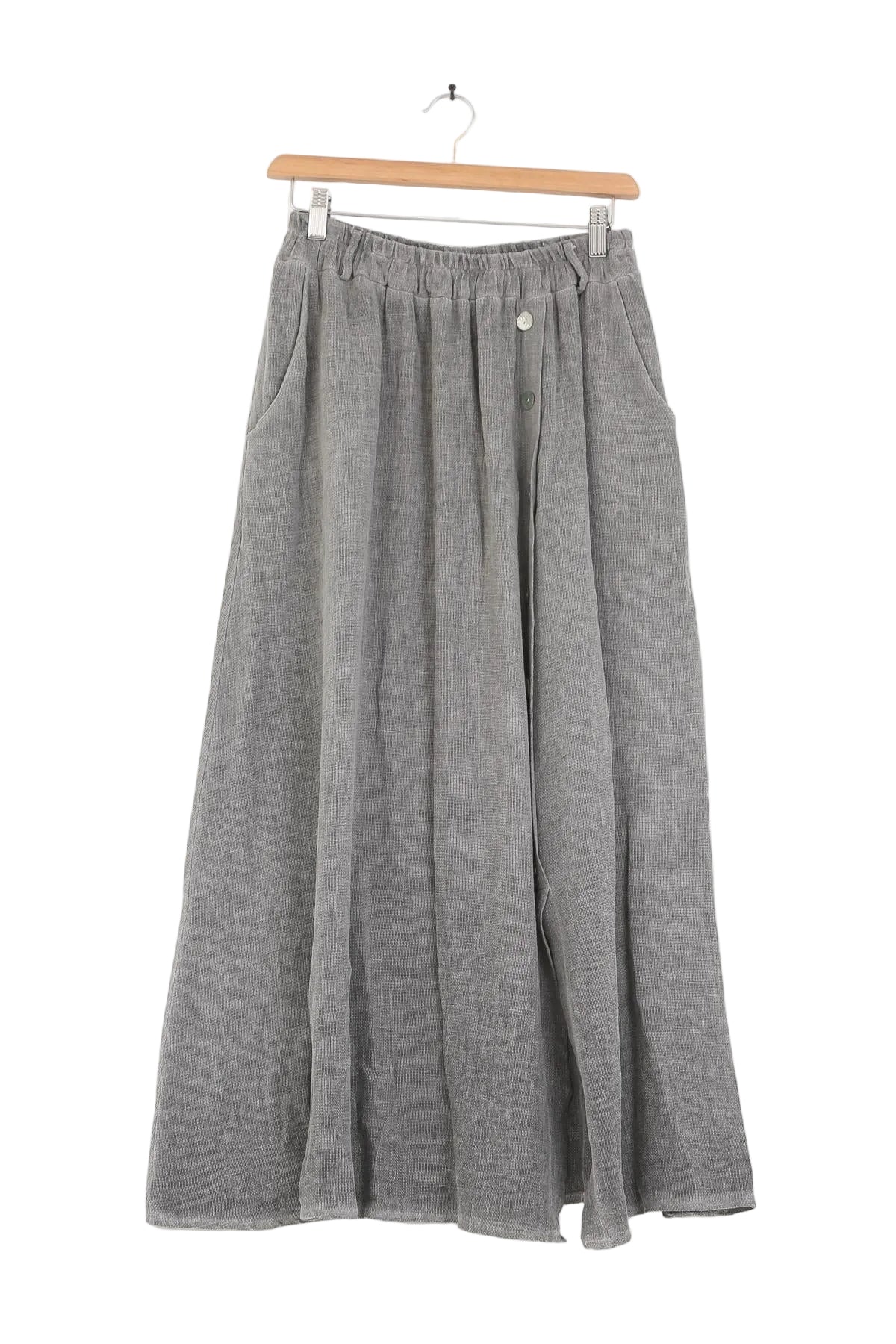 Anthracite grey skirt on a hanger against a white background