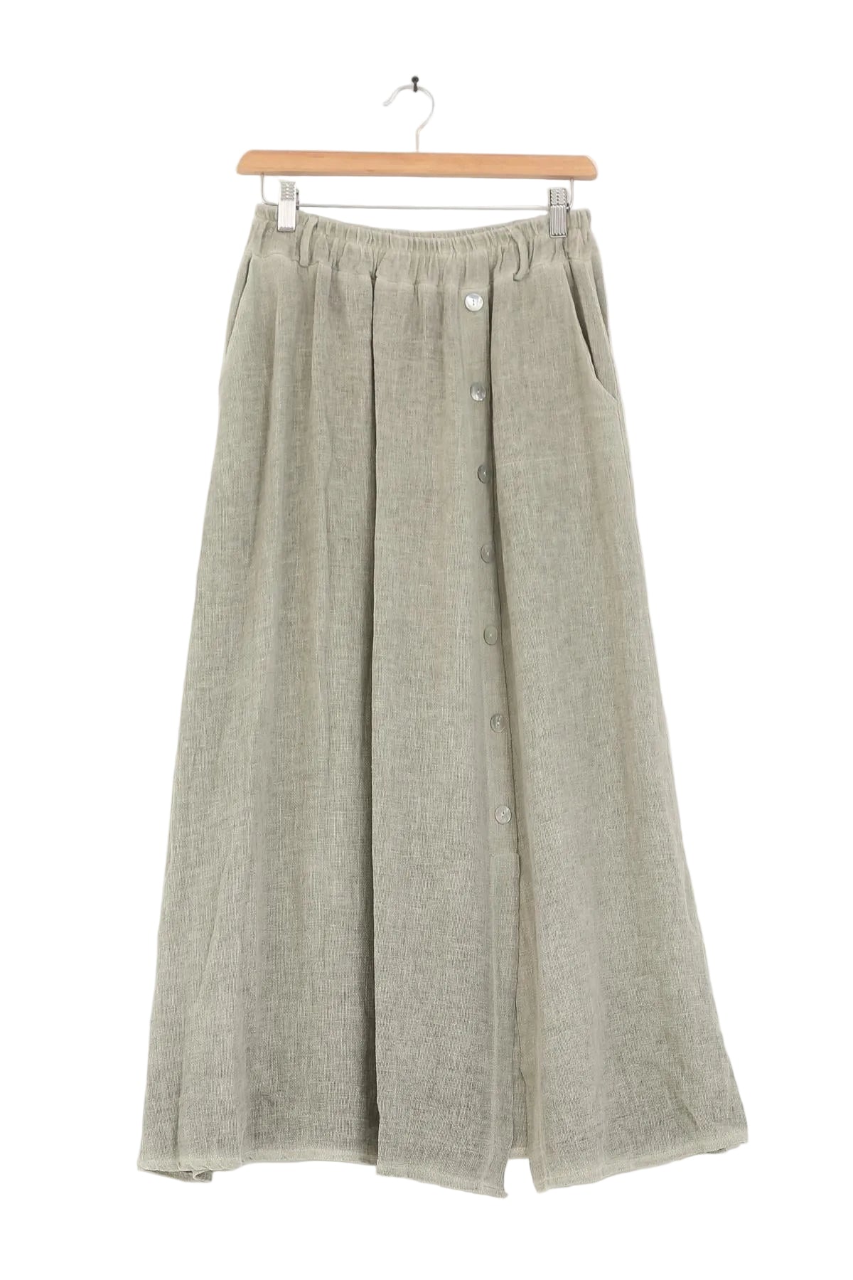 Long khaki skirt with buttons on a wooden hanger against a white background