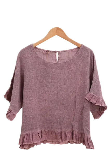 Bordeaux ruffled top in cotton linen mix