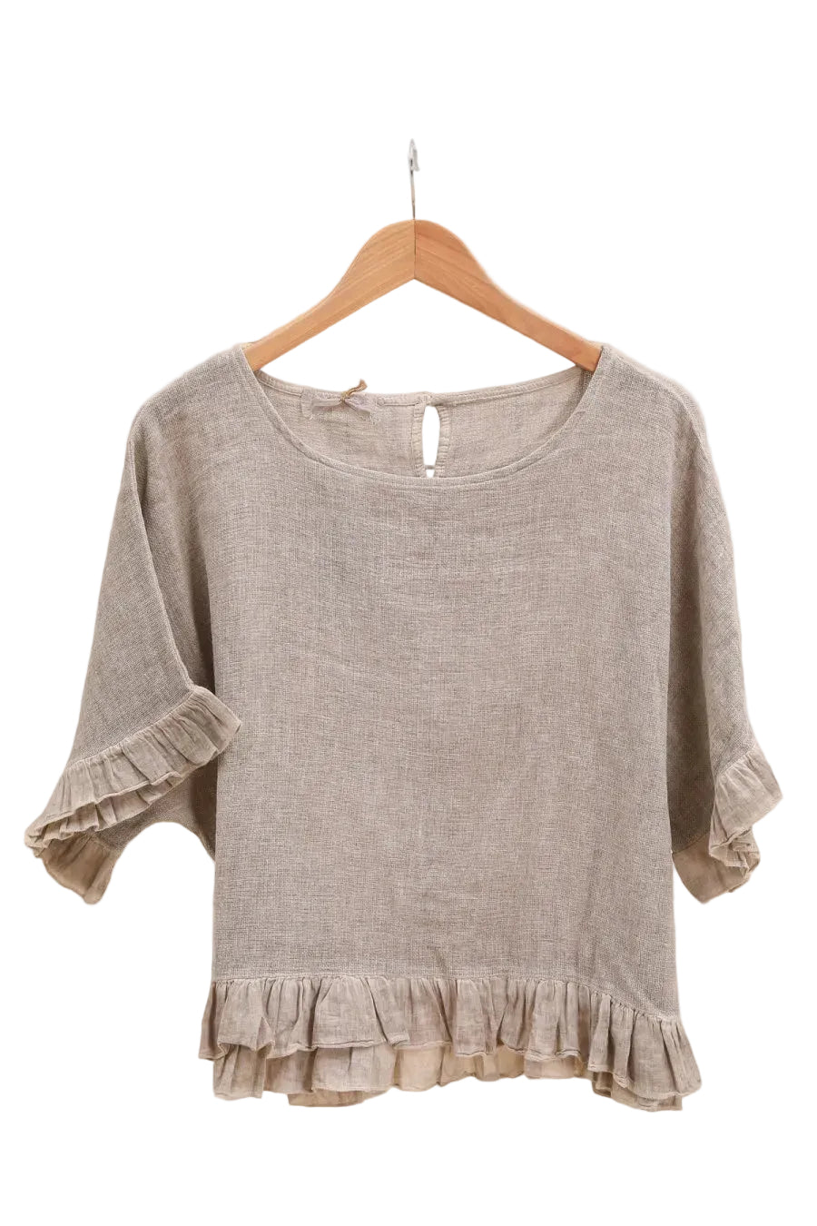 Plus Size beige cotton linen top with ruffled sleeves 