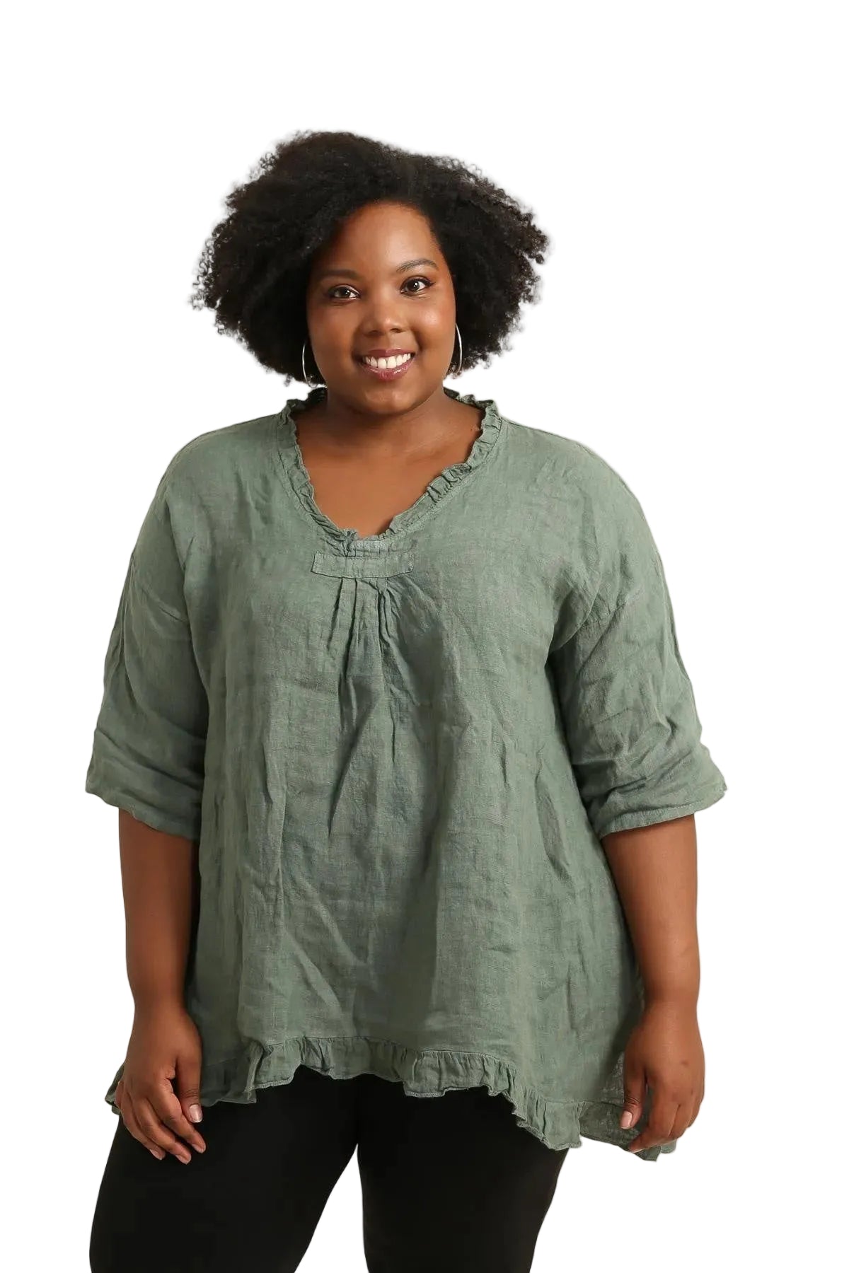 Woman wearing a green blouse against a white background