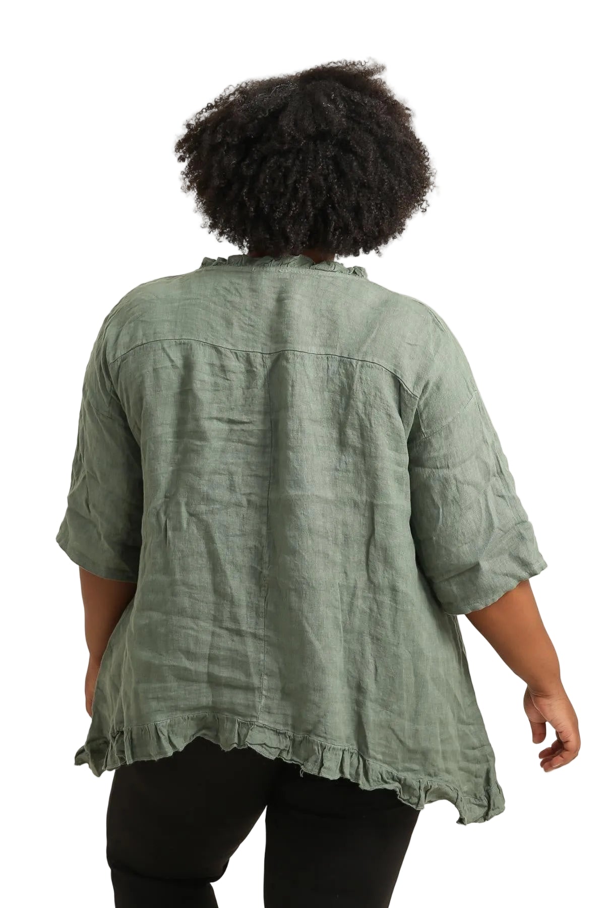 Person wearing a green shirt with a white background
