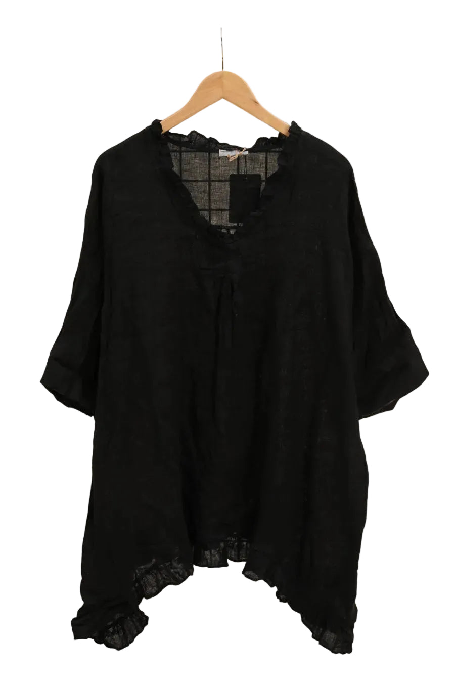 Black linen top hanger against a white background
