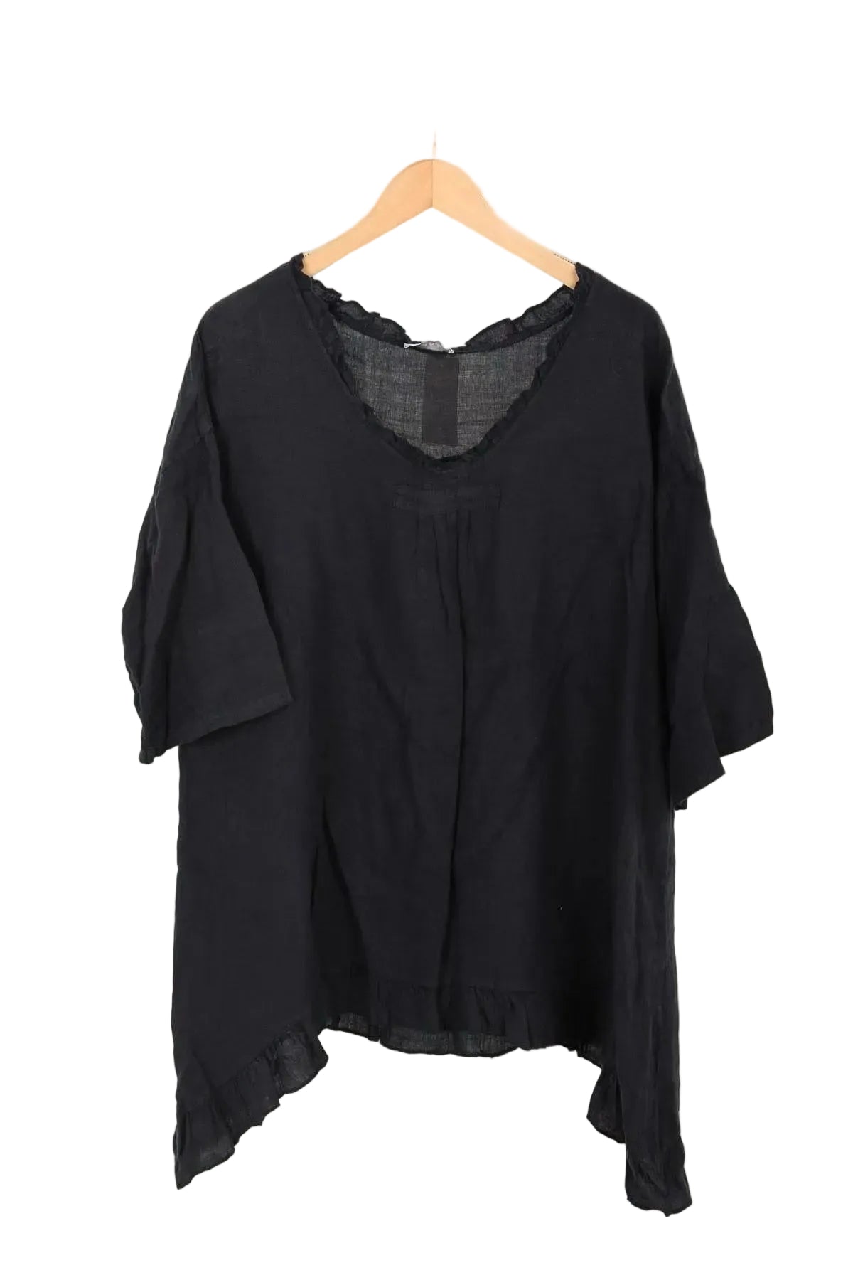 Navy Blue blouse on a wooden hanger against a white background