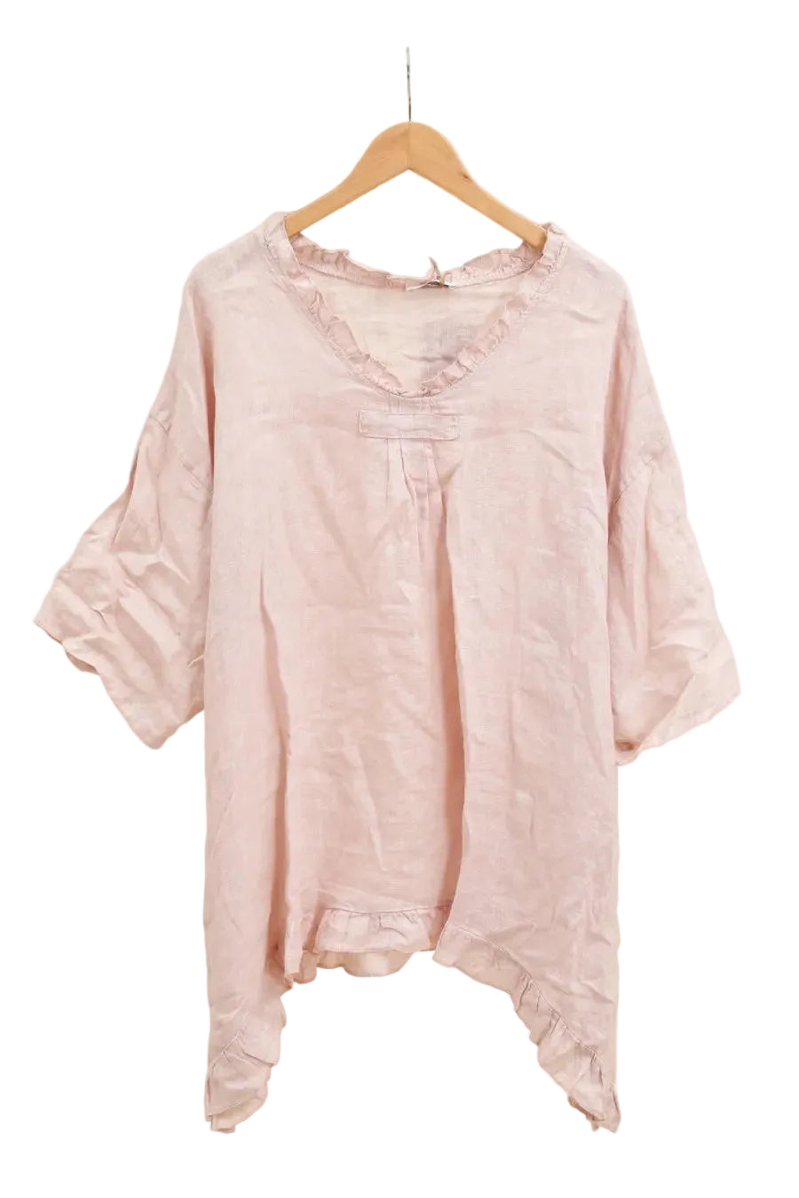 Pink blouse on a wooden hanger against a white background