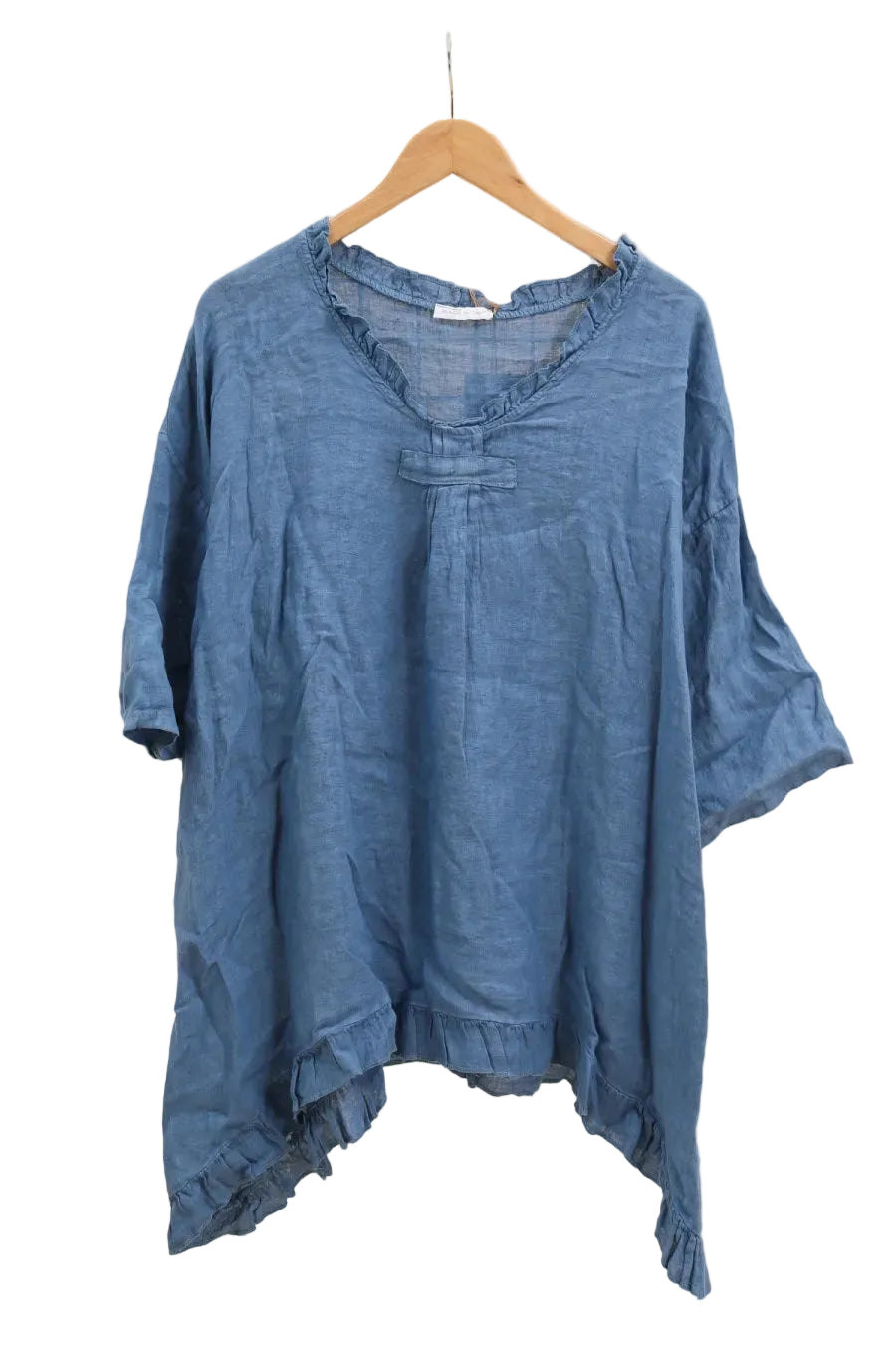 Blue denim shirt on a hanger against a white background