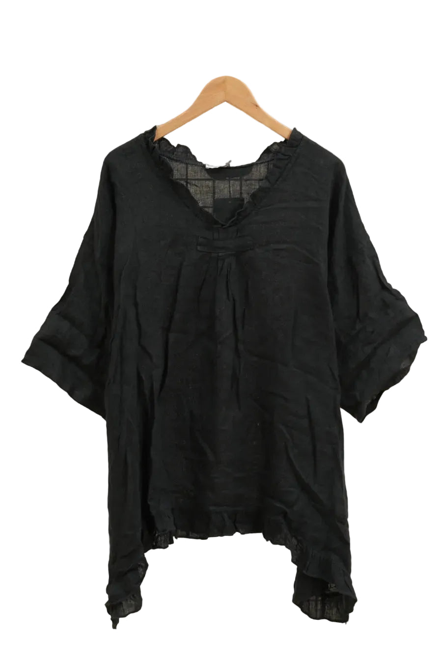 Black shirt on a hanger against a white background