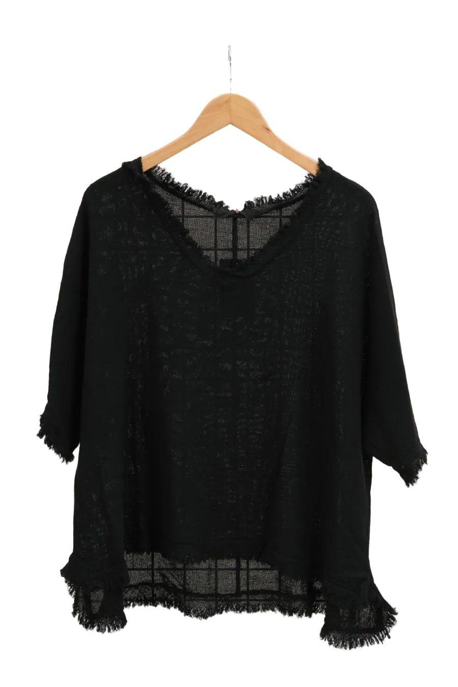 Black top on a hanger against a white background