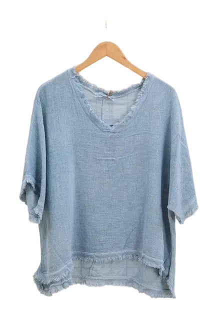 Blue denim top on a wooden hanger against a white background