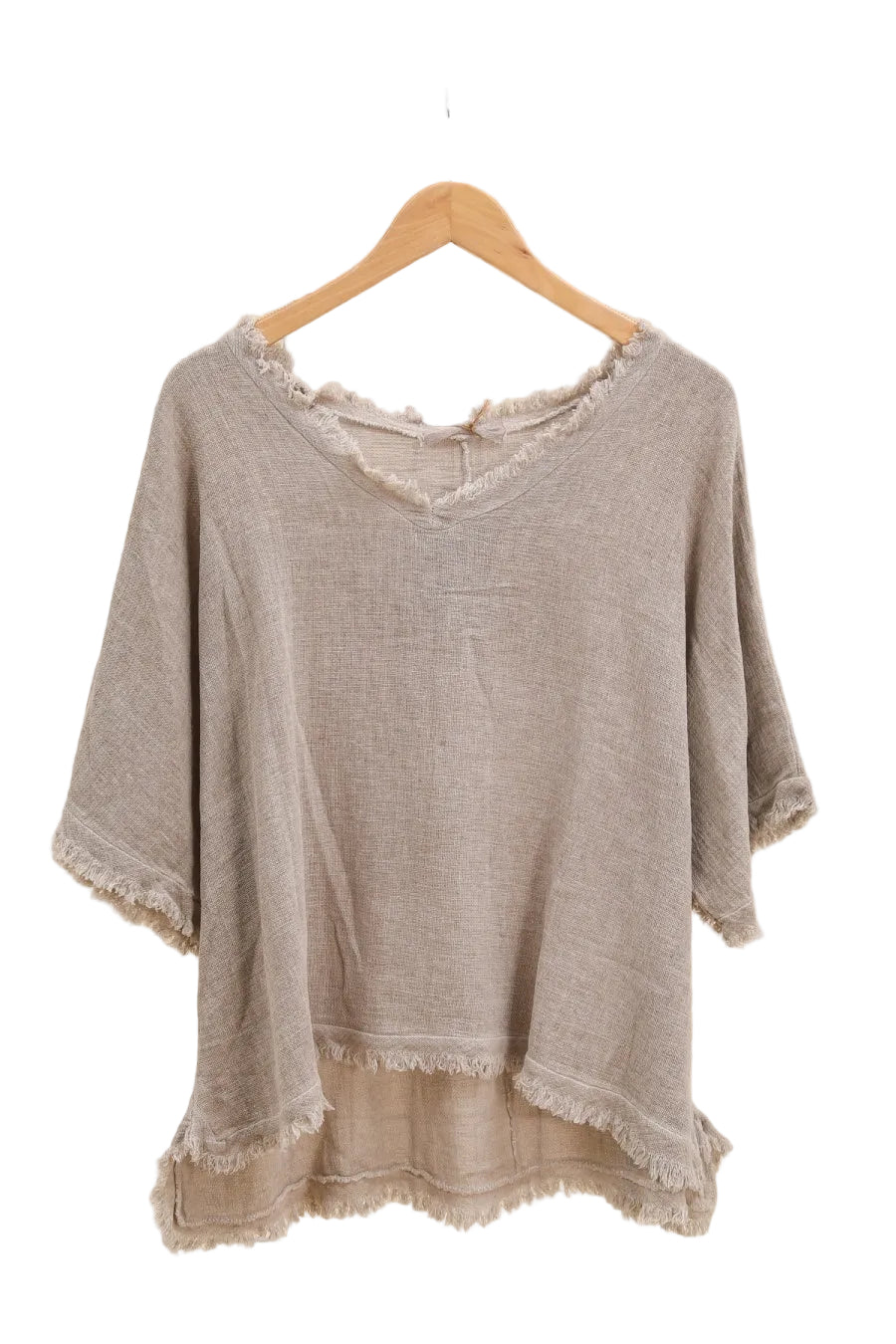 Taupe top on a wooden hanger against a white background
