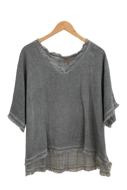 Grey top with v neck and frayed edge to neck and bottom
