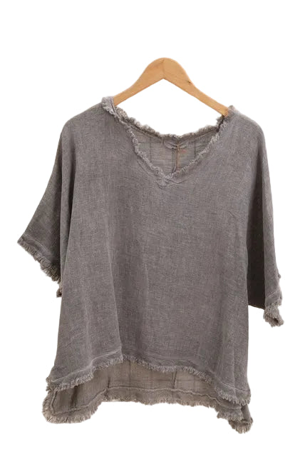 Grey top on a hanger against a white background