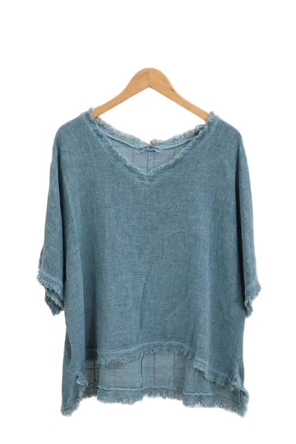 Turquoise top on a wooden hanger against a white background