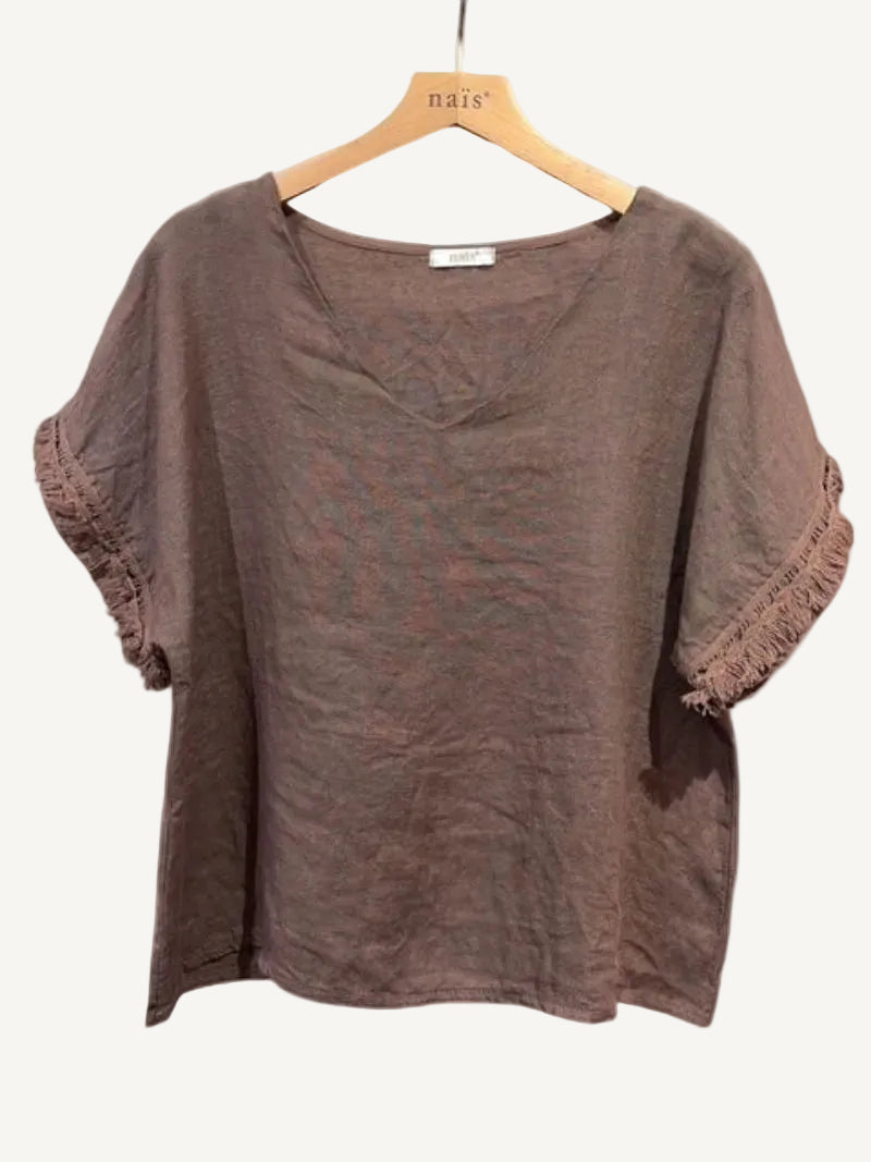 Brown blouse with ruffled sleeves on a hanger against a white background