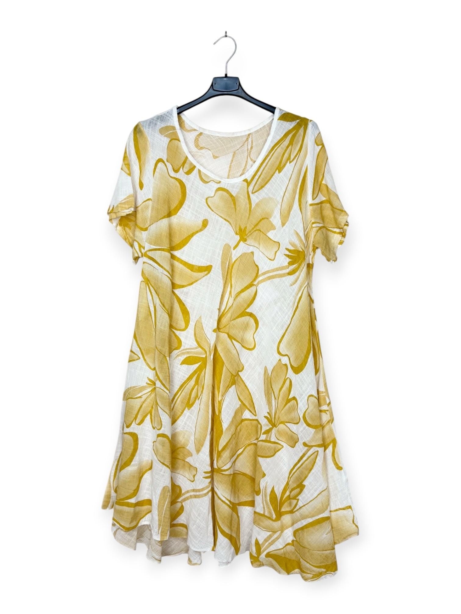 Yellow floral dress on a hanger against a white background