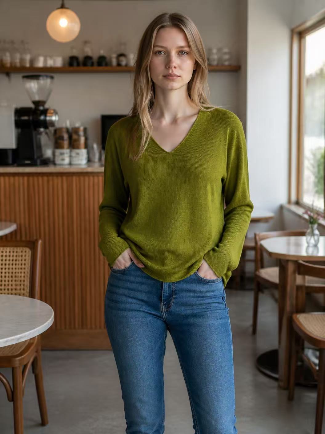 A woman wearing a long-sleeve olive green V-neck knit sweater and blue jeans stands in a cozy cafe setting with wooden tables and warm lighting.