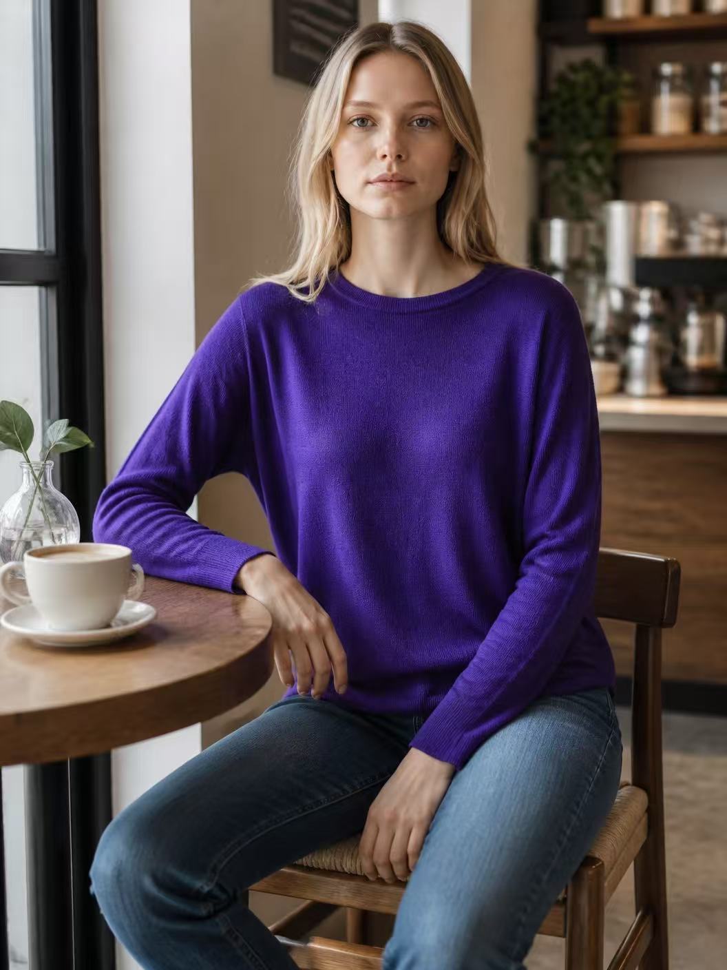A woman with blonde hair sits on a wooden chair in a cozy cafe setting, wearing a vibrant purple long-sleeve crewneck sweater and blue jeans. A white coffee cup sits on a wooden table next to her.