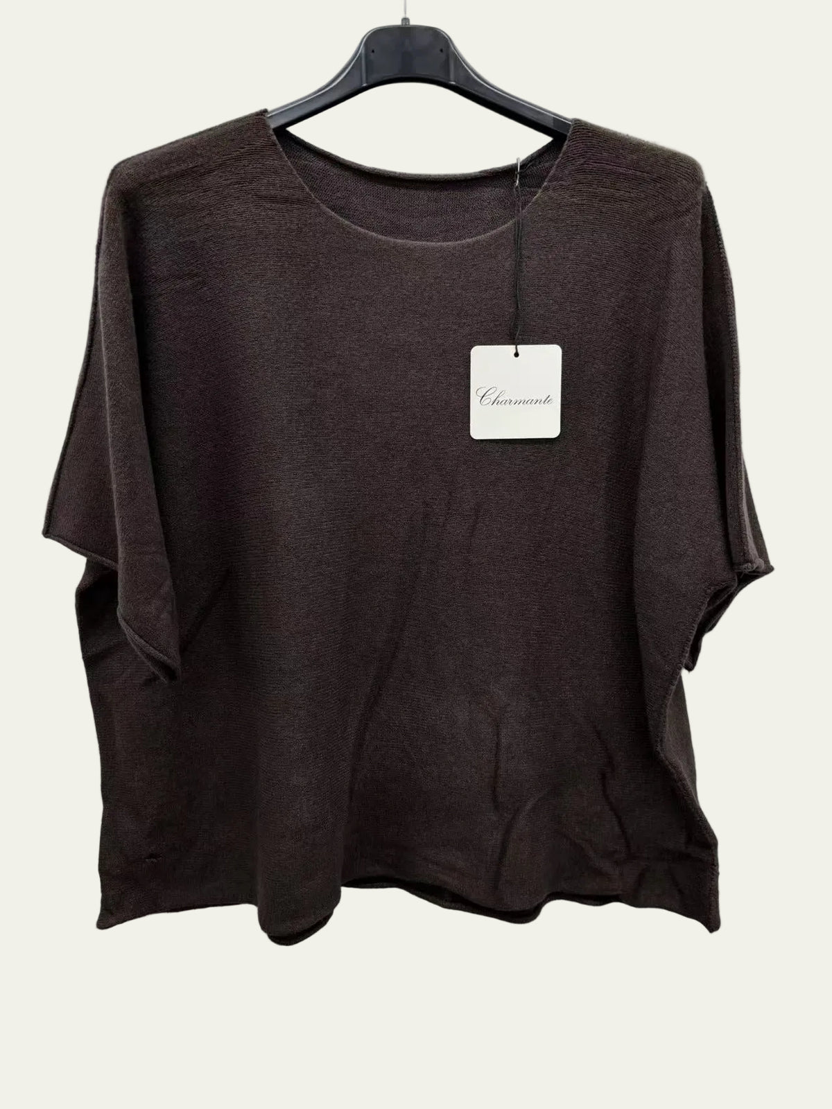 A dark brown short-sleeve knit top with a wide round neckline