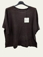 A dark brown short-sleeve knit top with a wide round neckline