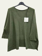An olive green knit top with three-quarter sleeves and a V-neck,