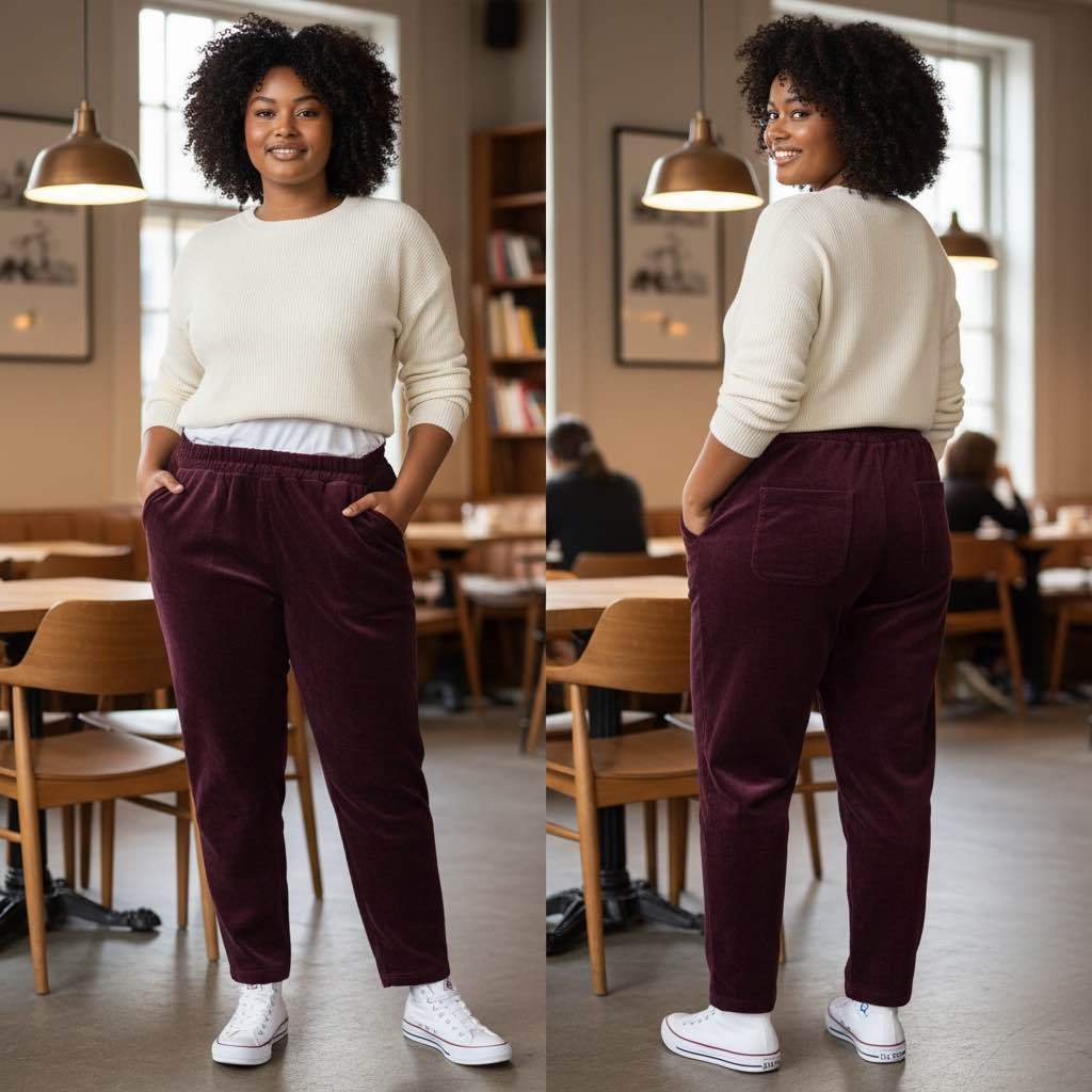 A woman stands in a cafe setting showing two views of a pair of burgundy corduroy pants. 