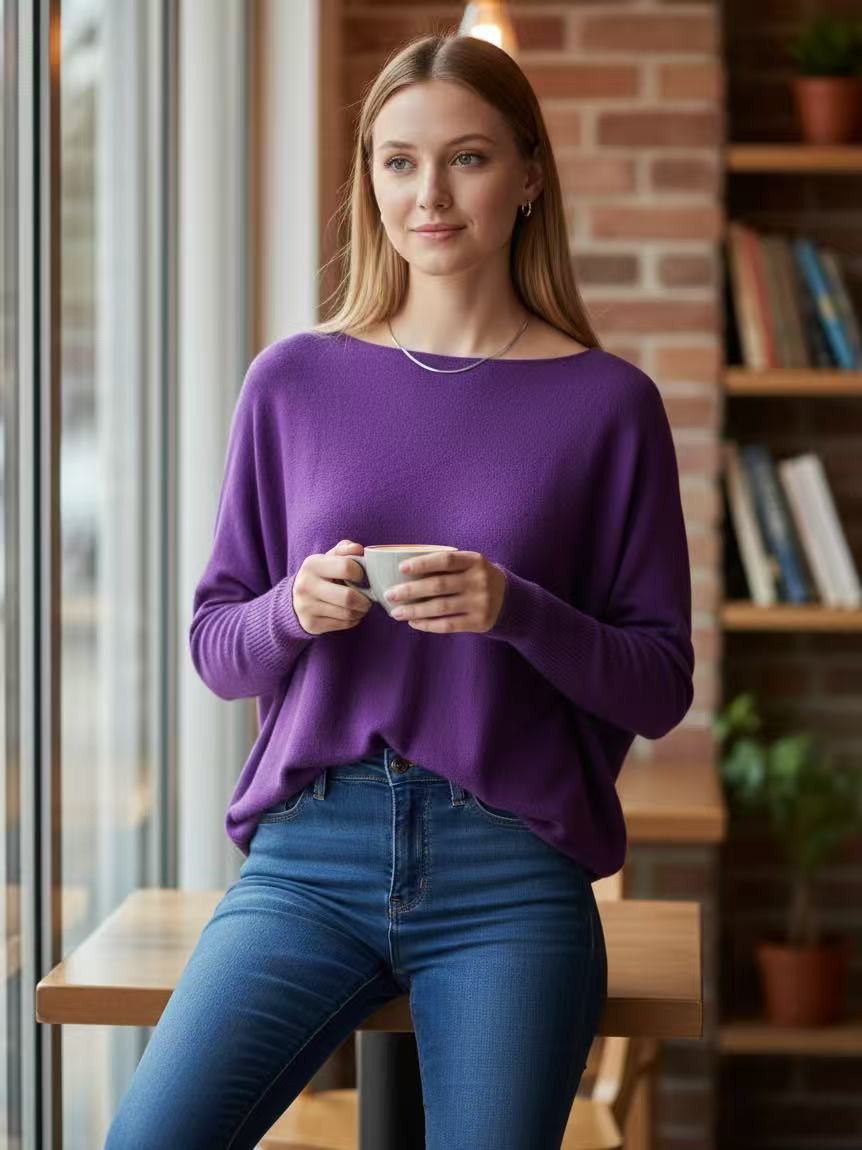 A woman wearing a purple long batwing sleeve knit sweater and blue jeans sits at a wooden table in a cozy indoor setting with a brick wall and bookshelves in the background, holding a white mug.
