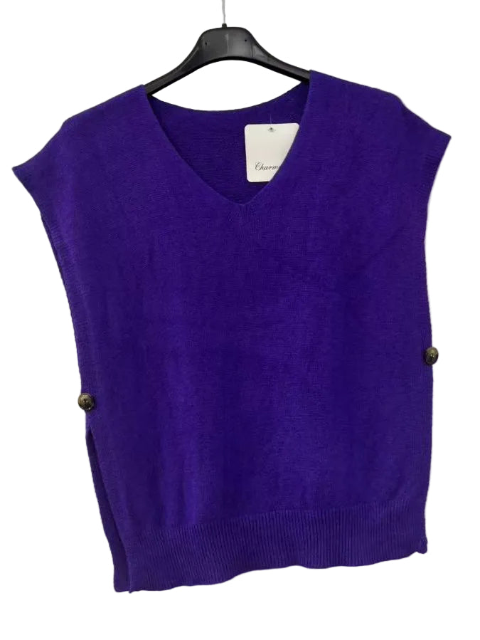 A purple sleeveless knit sweater vest with a V-neck, hanging on a black hanger against a white wall.
