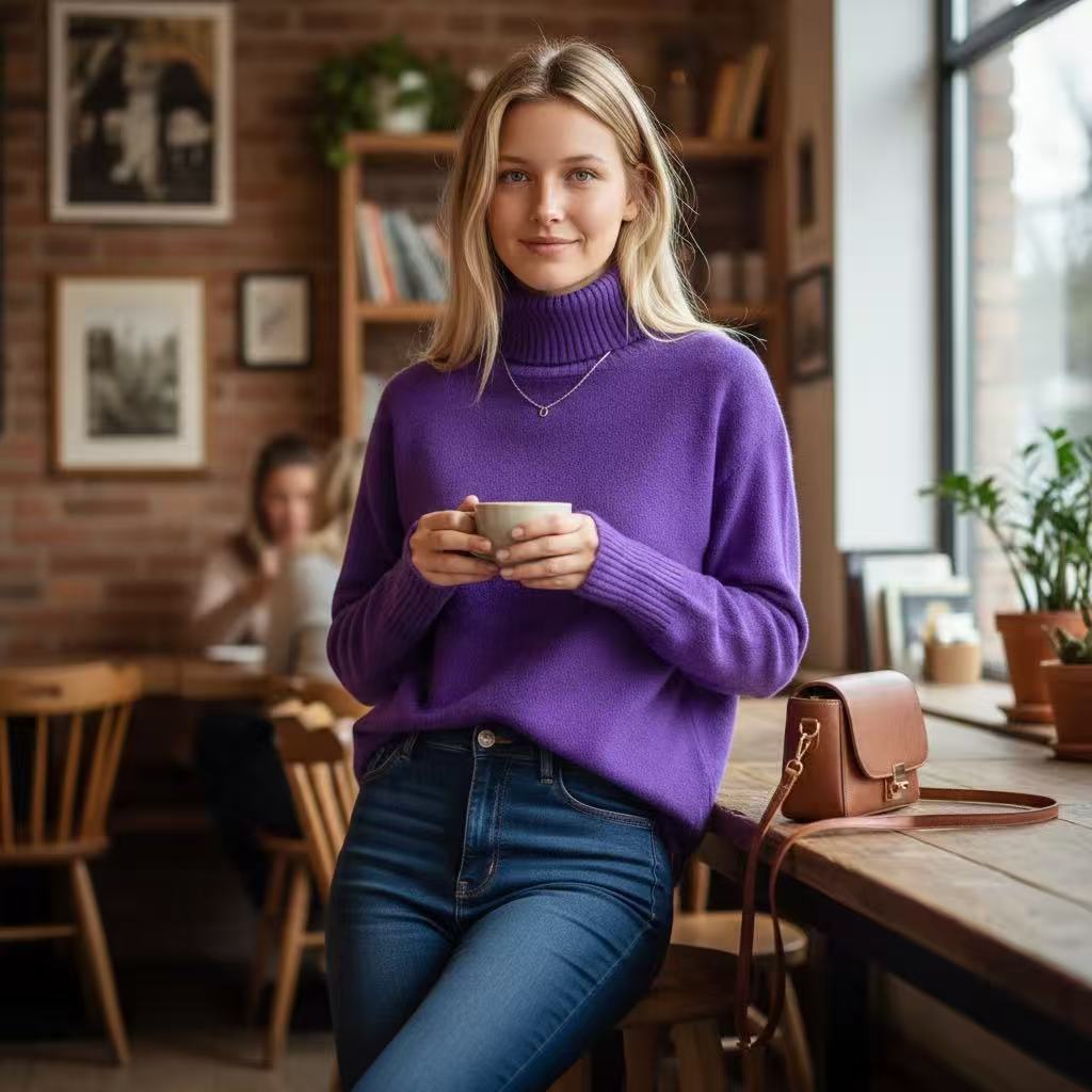 A woman in a cozy cafe setting wearing a vibrant purple ribbed turtleneck sweater and blue jeans, holding a small cup. A brown leather crossbody bag is resting on the wooden table next to her.