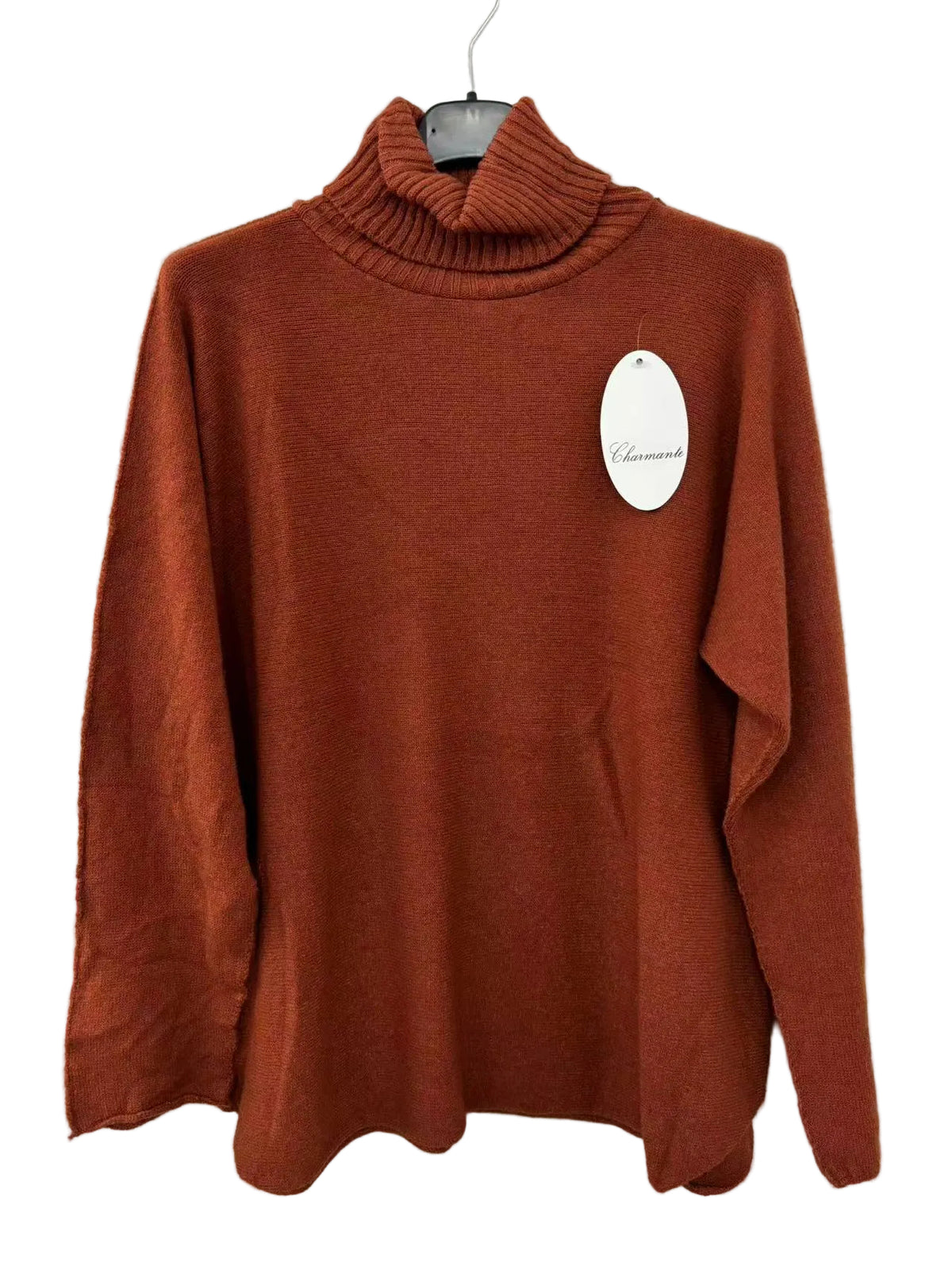 A brick coloured polo neck long sleeve sweater