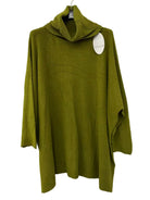 An olive green knit turtleneck sweater with a draped, oversized silhouette, hanging on a black hanger against a white wall.