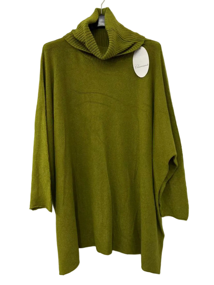 An olive green knit turtleneck sweater with a draped, oversized silhouette, hanging on a black hanger against a white wall.
