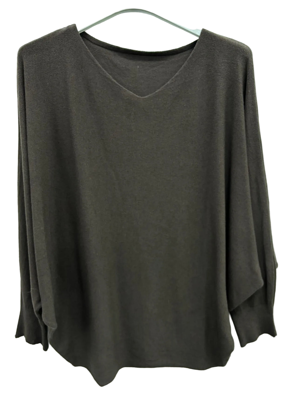 A dark brown long-sleeve V-neck knitted sweater with batwing sleeves