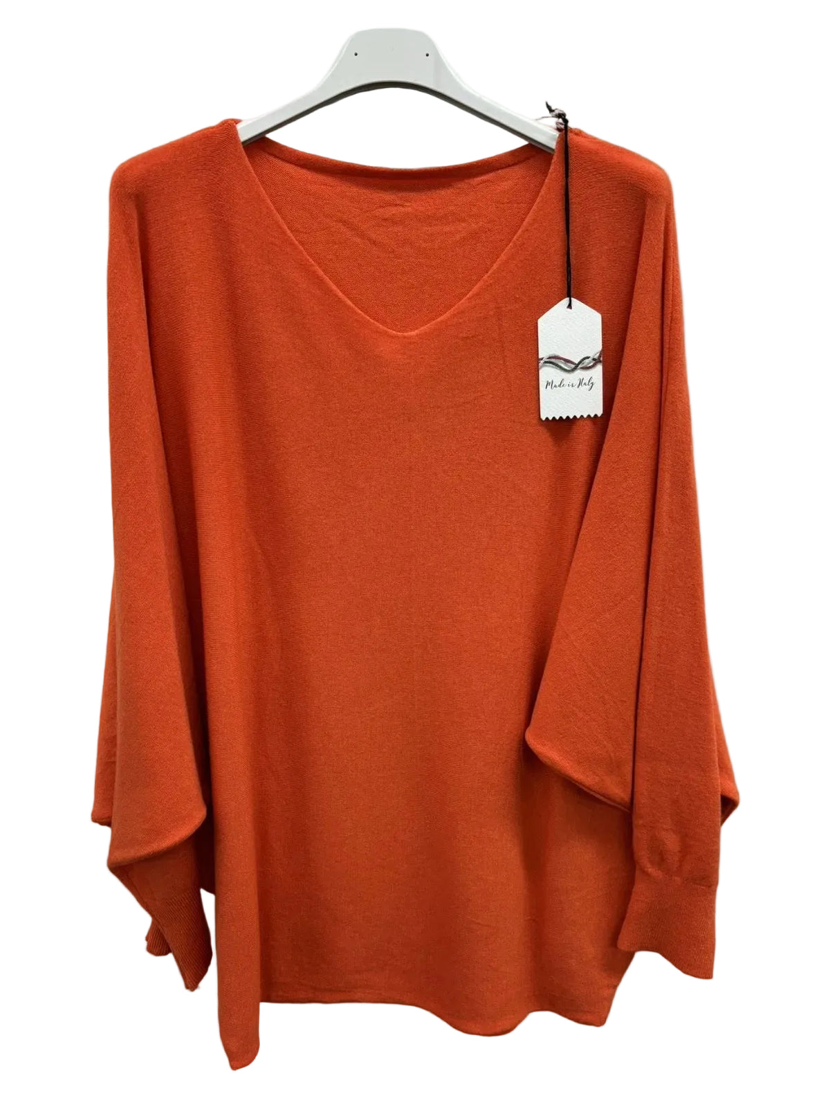 A bright orange long-sleeve V-neck knit top 