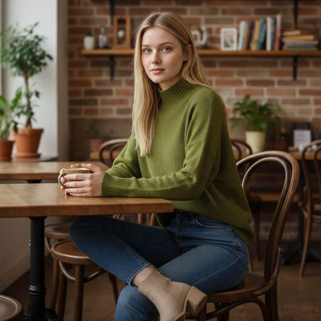 A woman sits at a wooden table in a cozy cafe setting, wearing a ribbed olive green mock-neck sweater, blue jeans, and beige ankle boots.