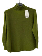 An olive green knit mock-neck sweater 