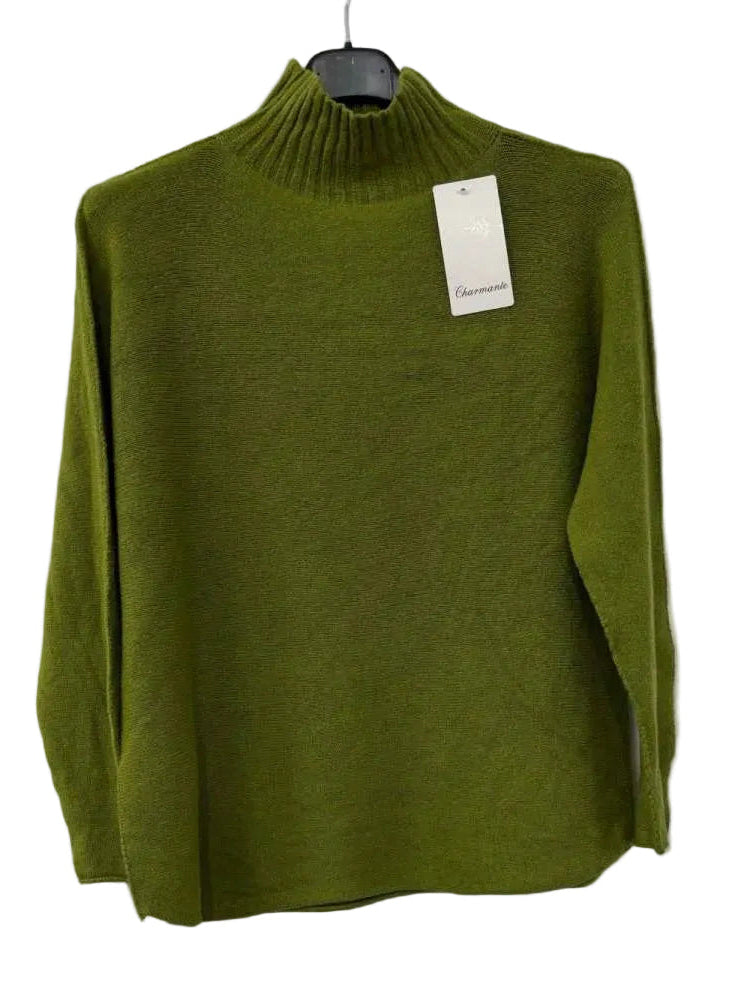 An olive green knit mock-neck sweater 