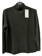 An olive green long-sleeve knit sweater with a ribbed mock neck,