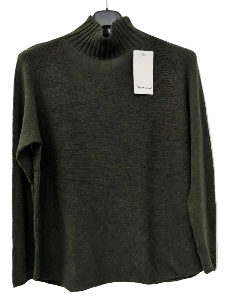 An olive green long-sleeve knit sweater with a ribbed mock neck,