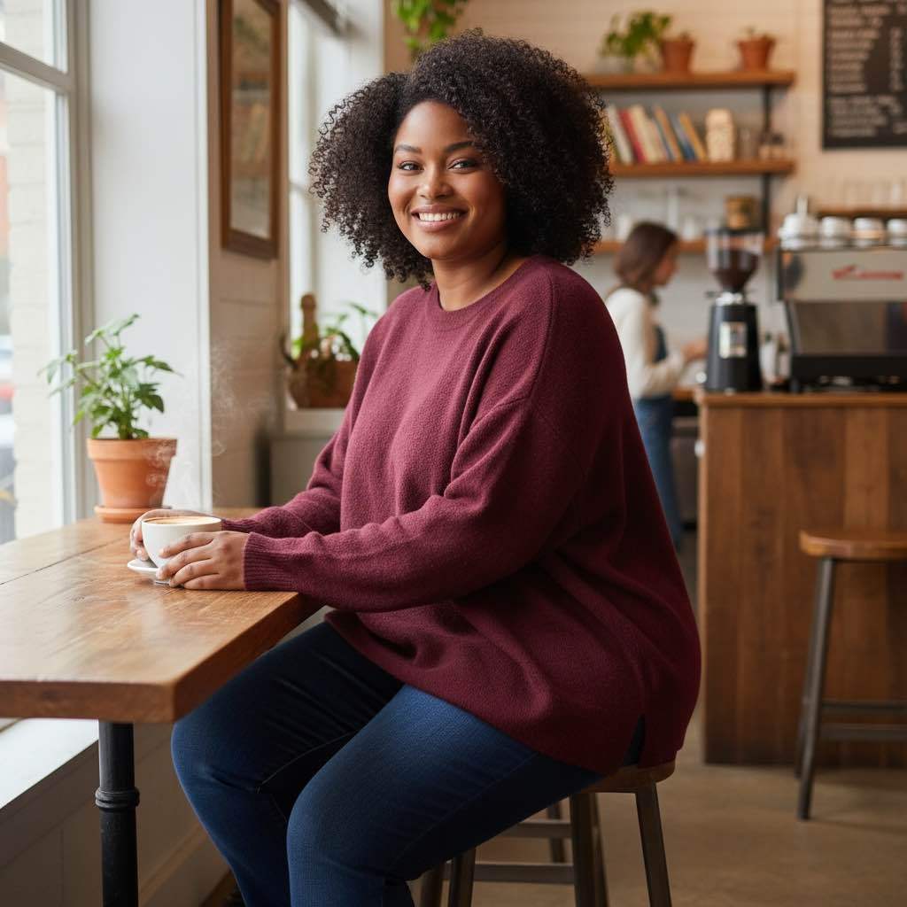 A smiling woman with curly hair sits at a wooden table in a cozy cafe, wearing an oversized crewneck sweater in a deep burgundy or maroon shade, paired with blue jeans.