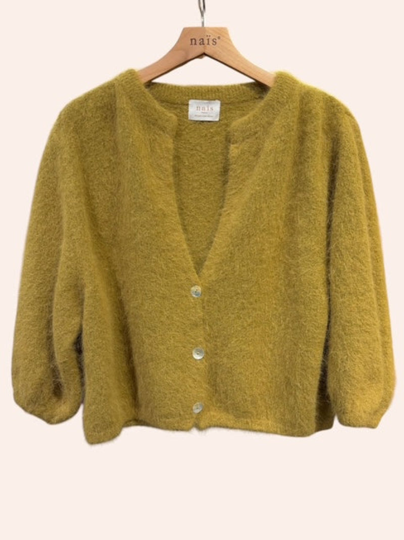 An olive green cardigan in an angora mix with 3/4 sleeves and v neck