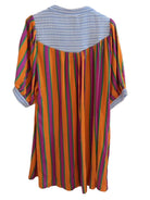 Colorful striped dress with a blue chambray edge detail and back detail
