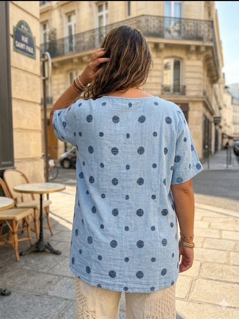 Light blue cotton polka dot top