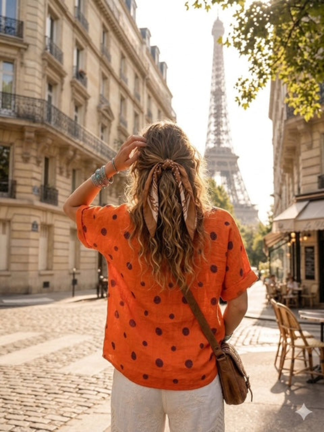 Back vie of lady wearing orange polka dot top