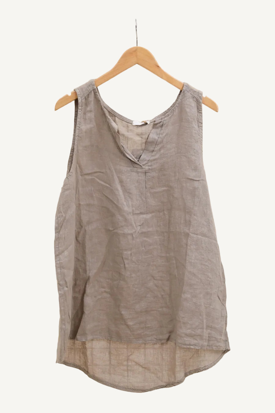 Gray sleeveless top on a hanger 