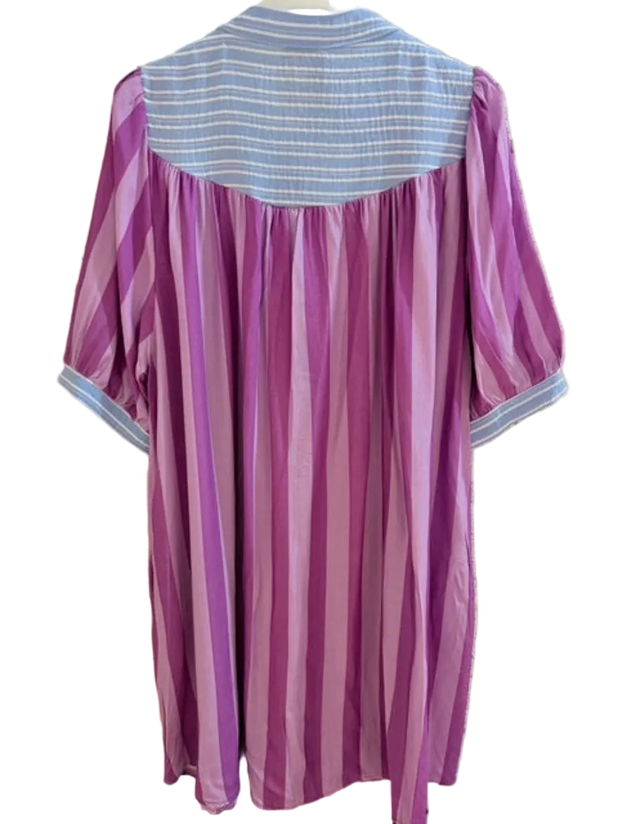 Purple dress with striped pattern showing back with chambray detail